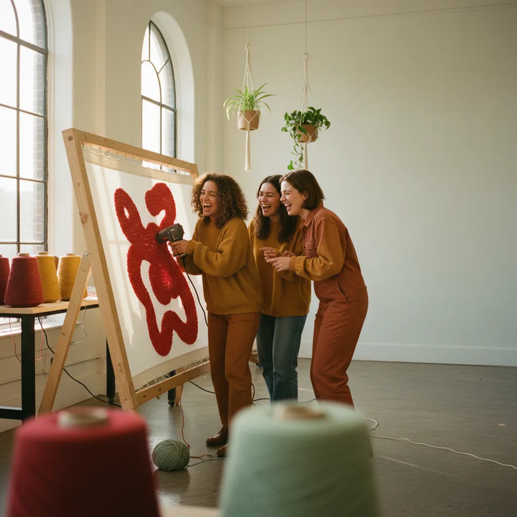 Young people laughing while making a rug with a handheld tufting machine
